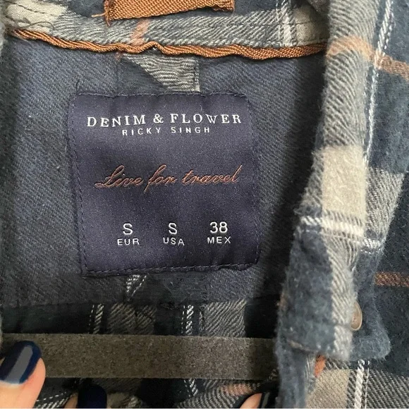 Denim & Flower Ricky Singh Navy Blue Green Plaid Long Sleeve Flannel Size Small - Picture 2 of 8